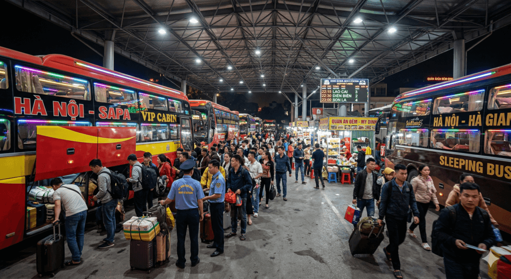 하노이 미딩 버스터미널의 슬리핑 버스
