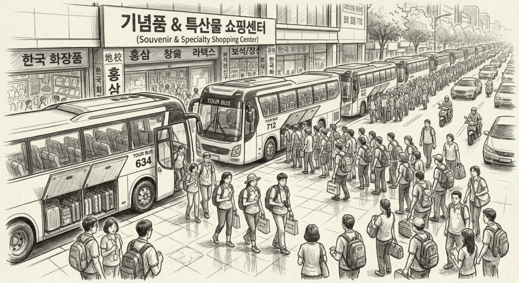 패키지 여행 단체 관광객이 버스에서 내리는 장면