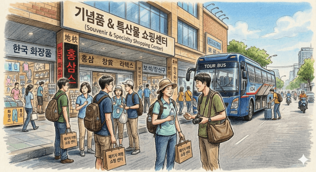 패키지 여행 쇼핑센터 앞에 선 여행자들