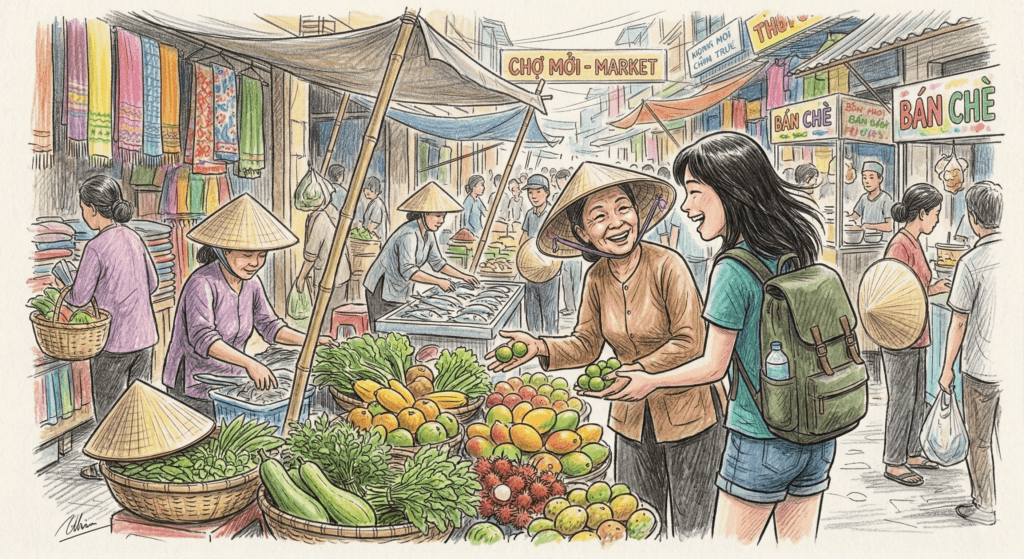 베트남 현지 시장에서 현지인과 함께하는 여행자