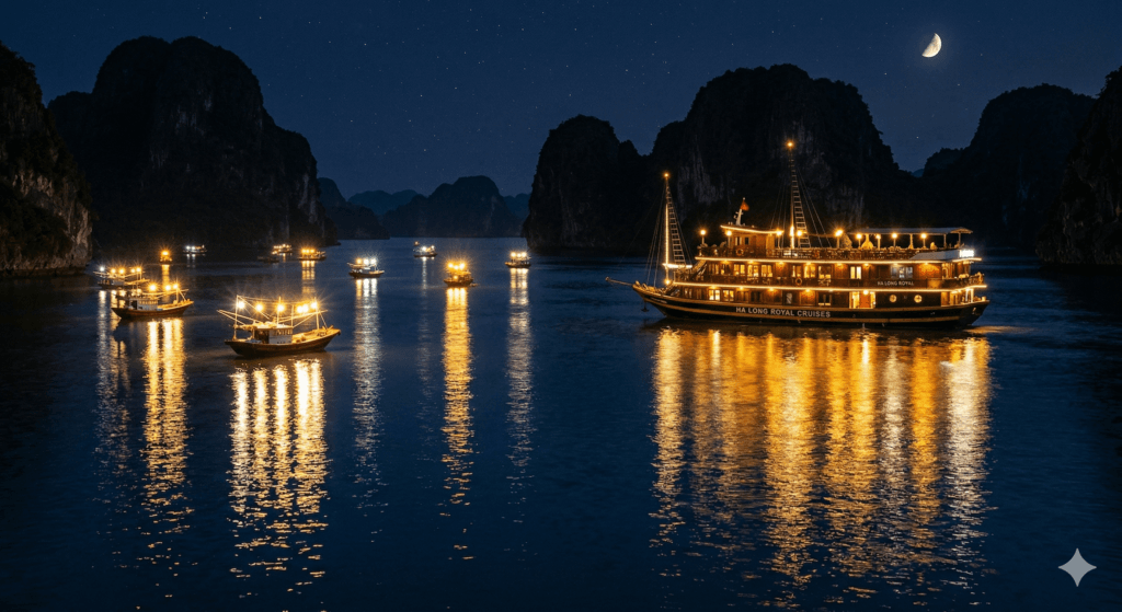 밤바다 위 크루즈 불빛 + 오징어잡이 어선 집어등. 불빛이 물에 반사되는 장면