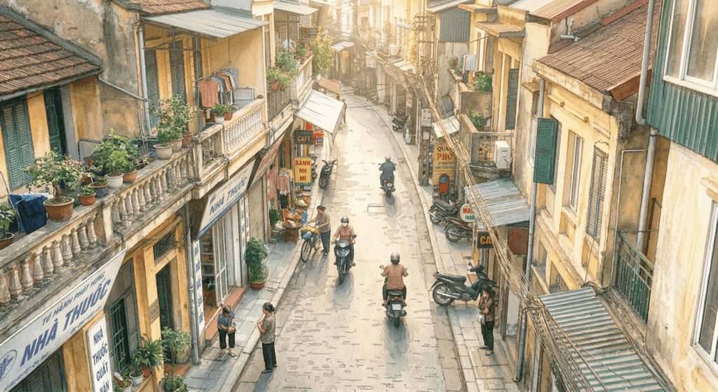 하노이 구시가지 골목 전경. 오래된 건물들 사이로 오토바이가 지나가는 장면
