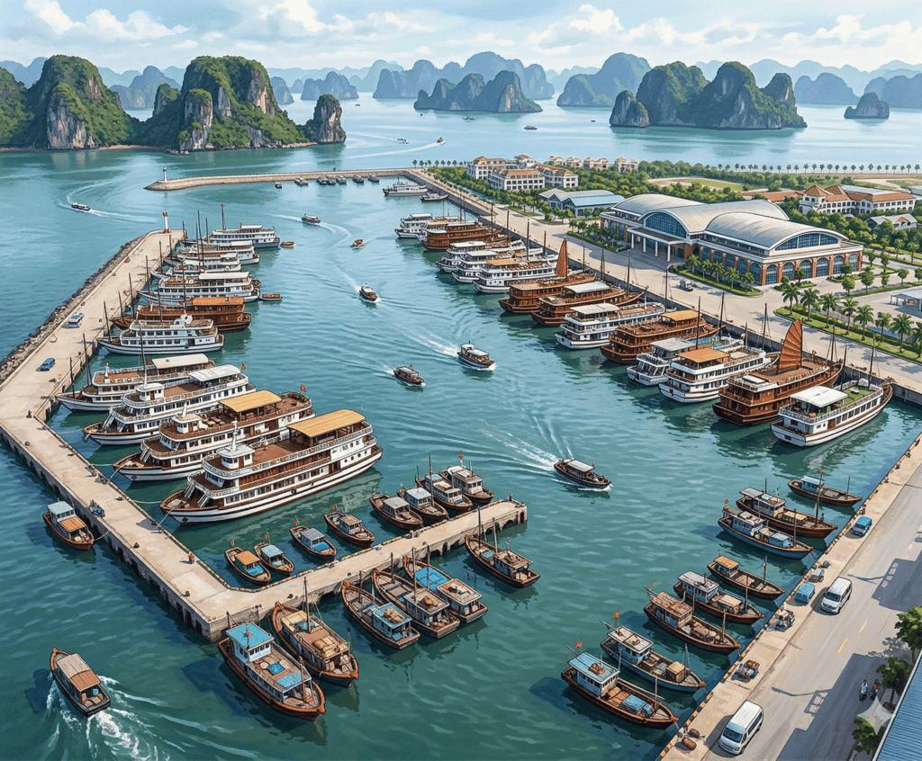하롱베이 뚜언쩌우 크루즈 항구 전경 삽화 이미지