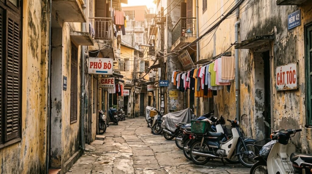 하노이 구시가지 좁은 골목 아침 풍경