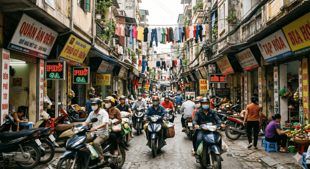 하노이 구시가지 좁은 골목 오토바이 일상 풍경