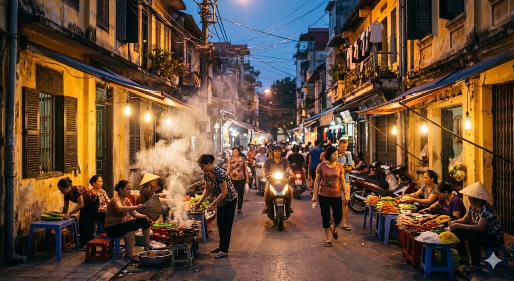 해질 무렵 하노이 구시가지 노점 풍경