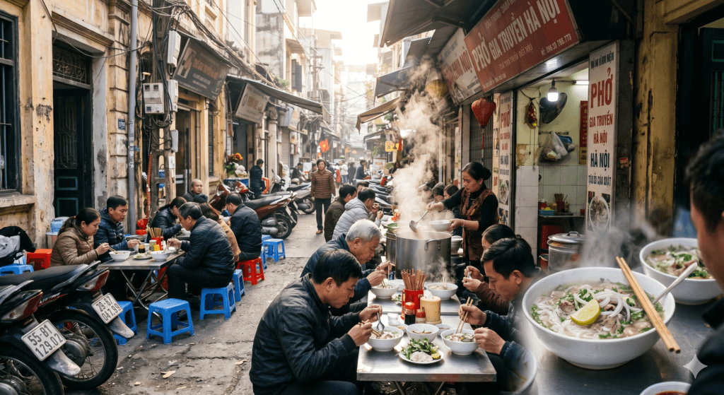 하노이 구시가지 아침 쌀국수집 현지인 풍경
