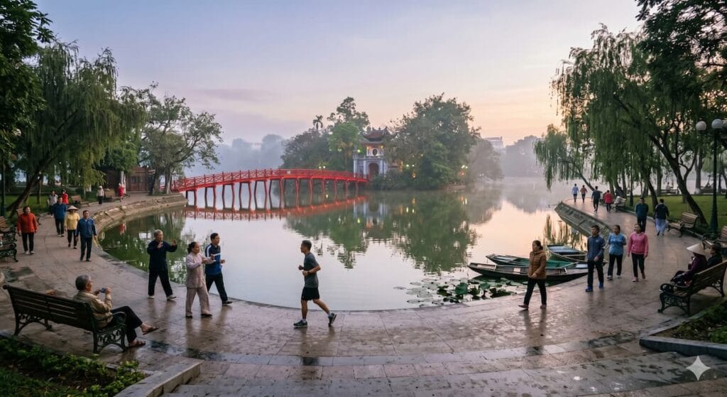 하노이 구시가지 옆 호안끼엠 호수 아침 산책 풍경