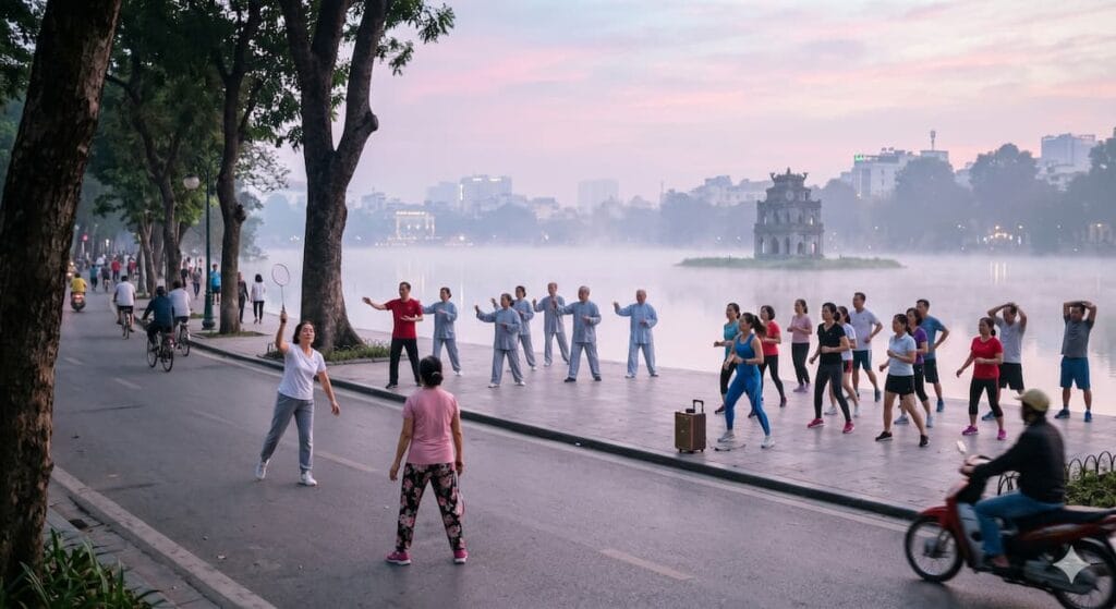호안끼엠 호수 새벽 운동하는 하노이 시민들