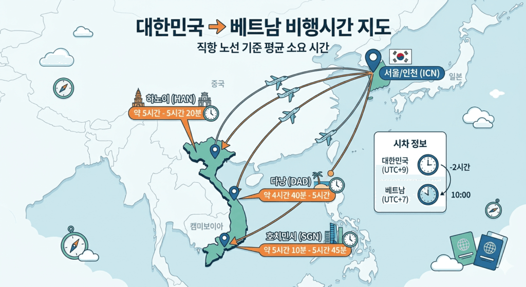 한국에서 베트남까지 비행시간 지도