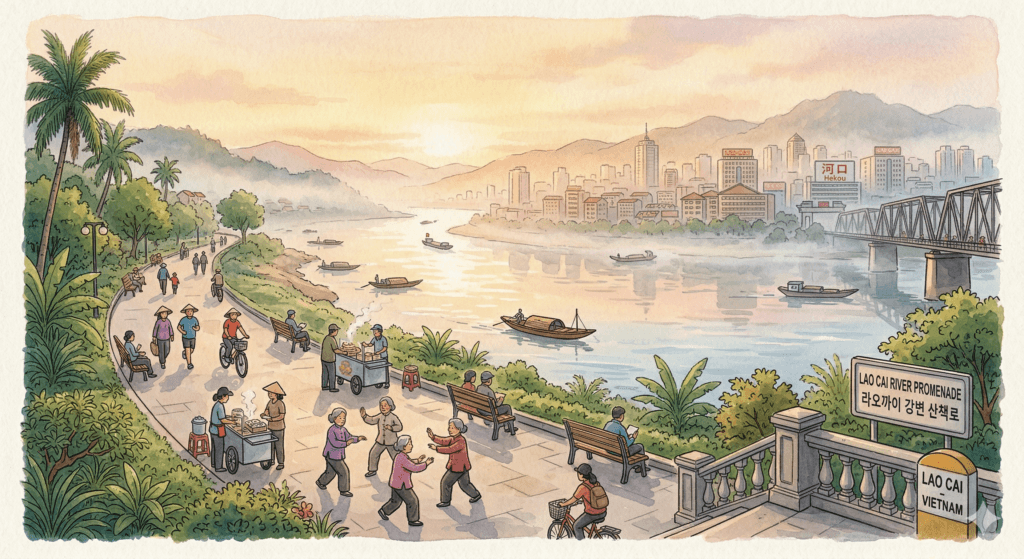 라오까이 홍강 산책로 아침 풍경