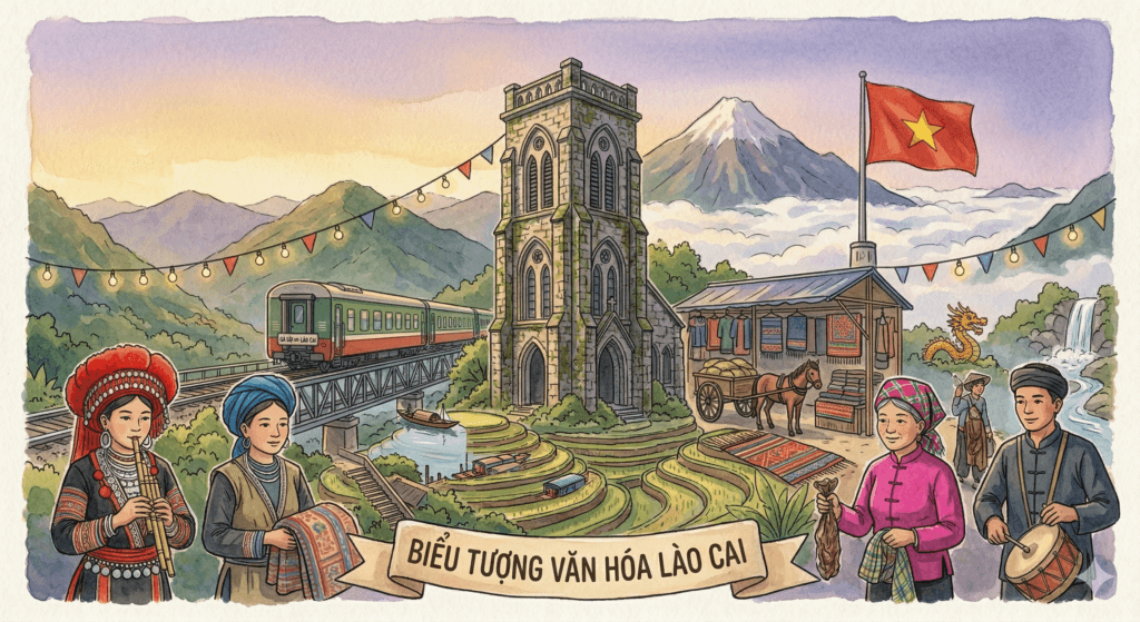 라오까이 여행 대표 상징 — 기차, 성당, 소수민족 전통 의상