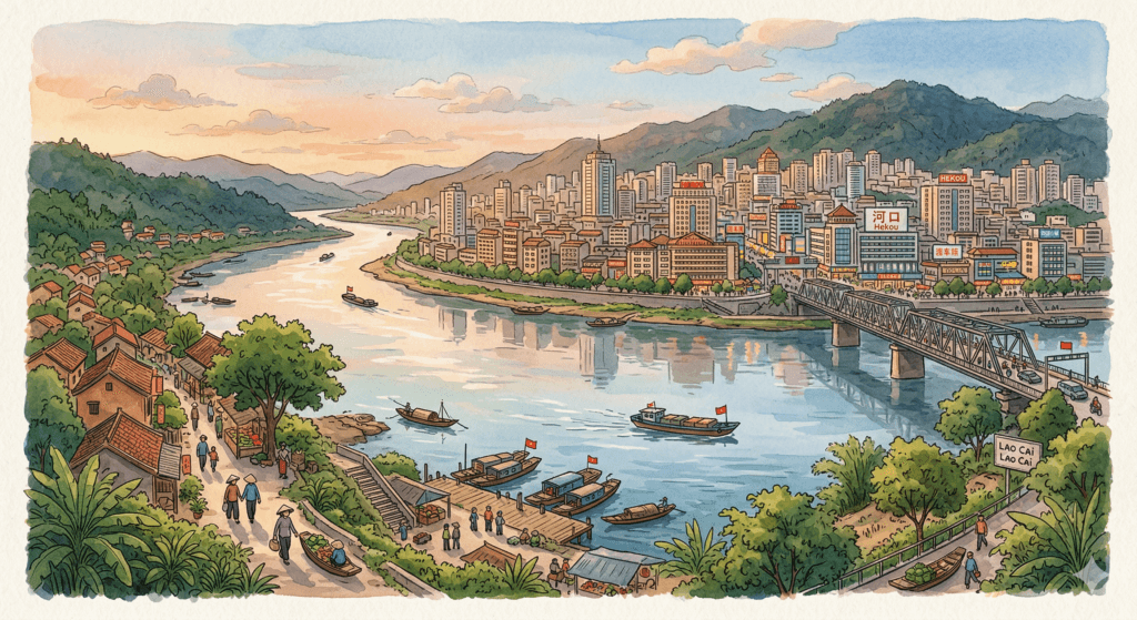 라오까이 여행 홍강 너머 중국 허커우 풍경