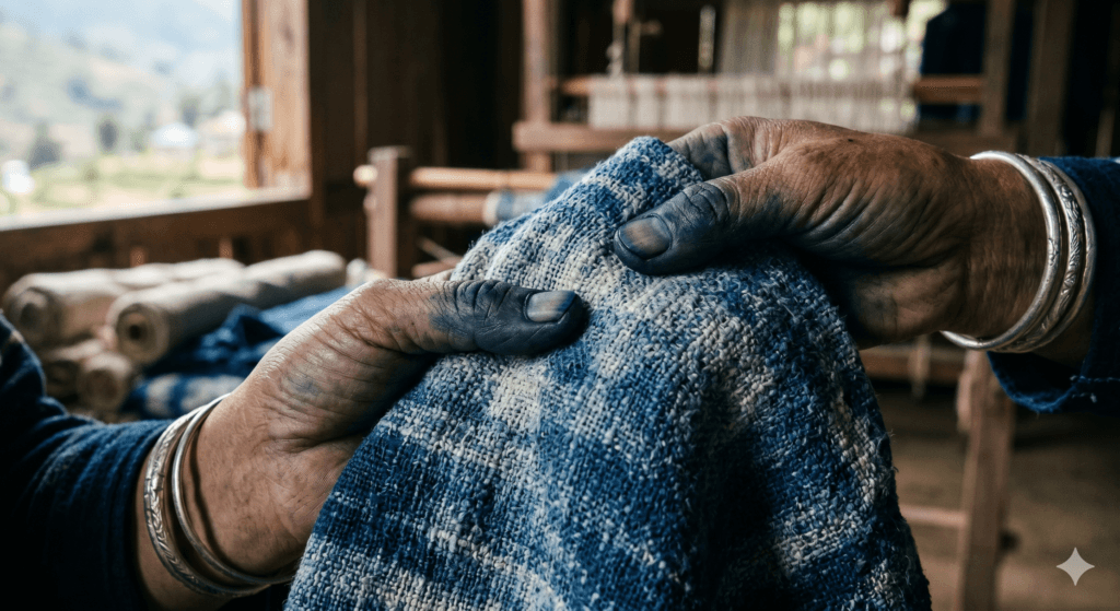 사파 흐몽족 전통 인디고 천 질감 근접 촬영