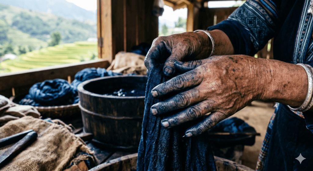 사파 흐몽족 여성 인디고 염색 손
