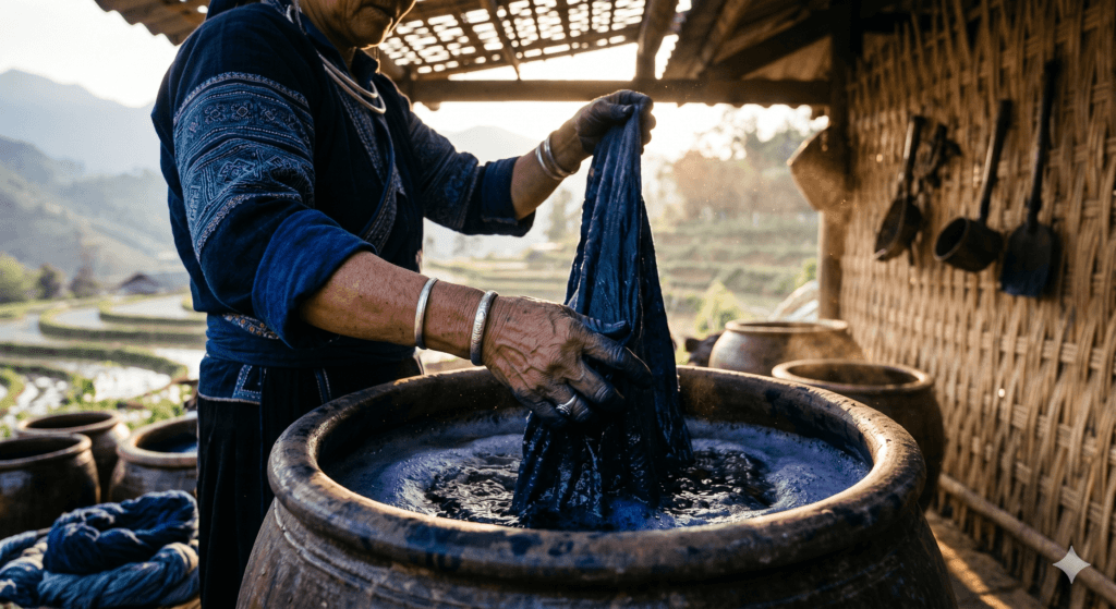 사파 흐몽족 인디고 천 염색 과정 항아리