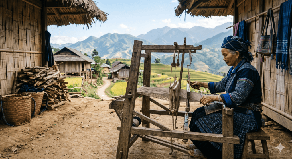 사파 흐몽족 여성 마을에서 천 짜는 모습