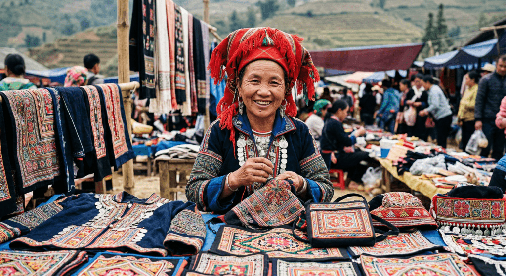 사파 시장 레드다오족 자수 판매