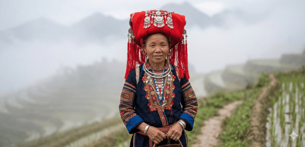 사파 레드다오족 여성 붉은 두건