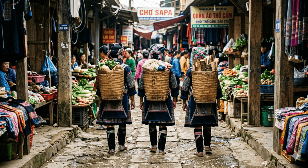 사파 시장 골목. 짐을 이고 걷는 흐몽족 여성들의 뒷모습.