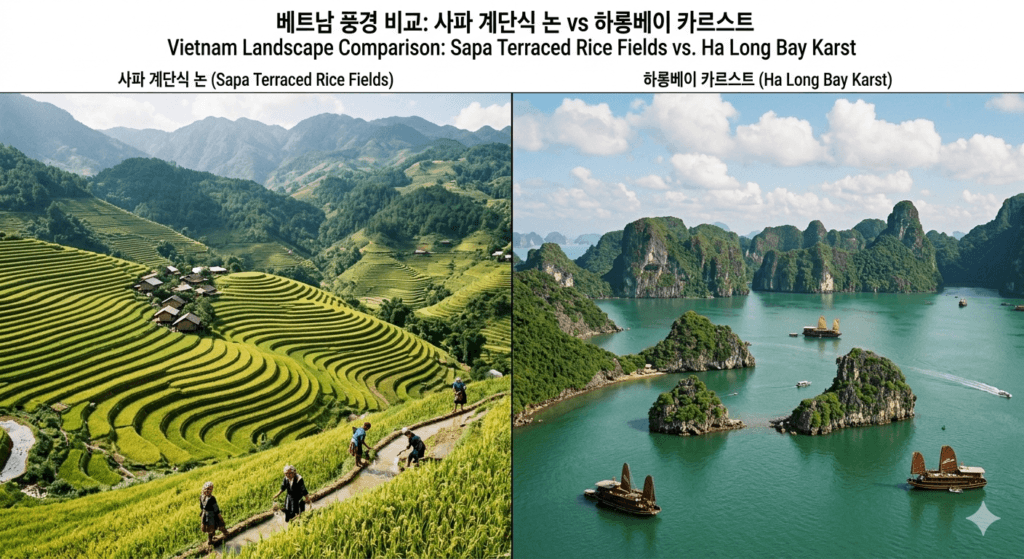 베트남 사파 계단식 논과 하롱베이 카르스트 지형 비교