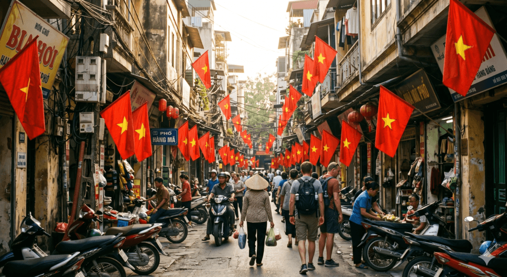 베트남 여행 성수기 4월 하노이 구시가지 국기 골목