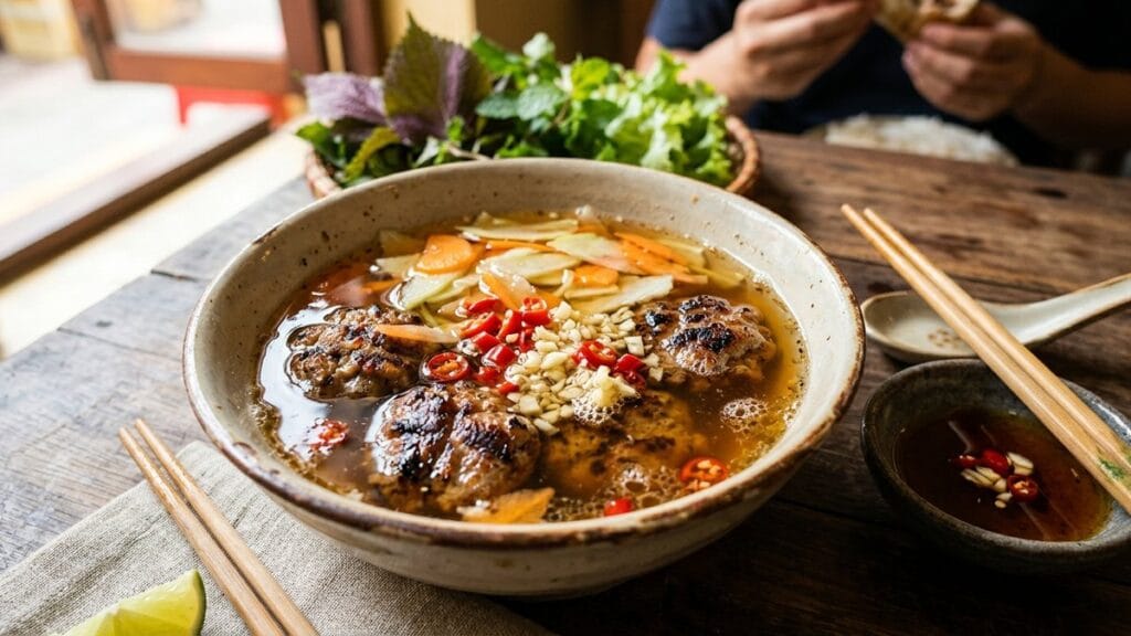 숯불에 구운 돼지고기와 절인 파파야가 담긴 하노이식 분짜 소스 그릇, 분짜 소스의 기본 모습