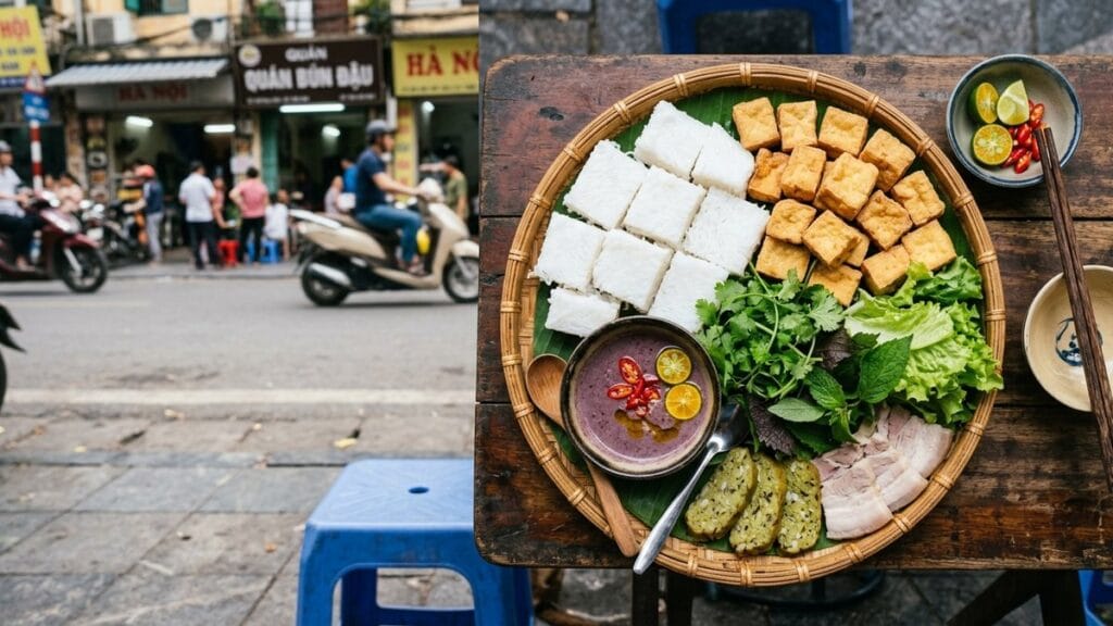 하노이 골목 식당 대나무 쟁반에 차려진 분더우맘똠 한 상