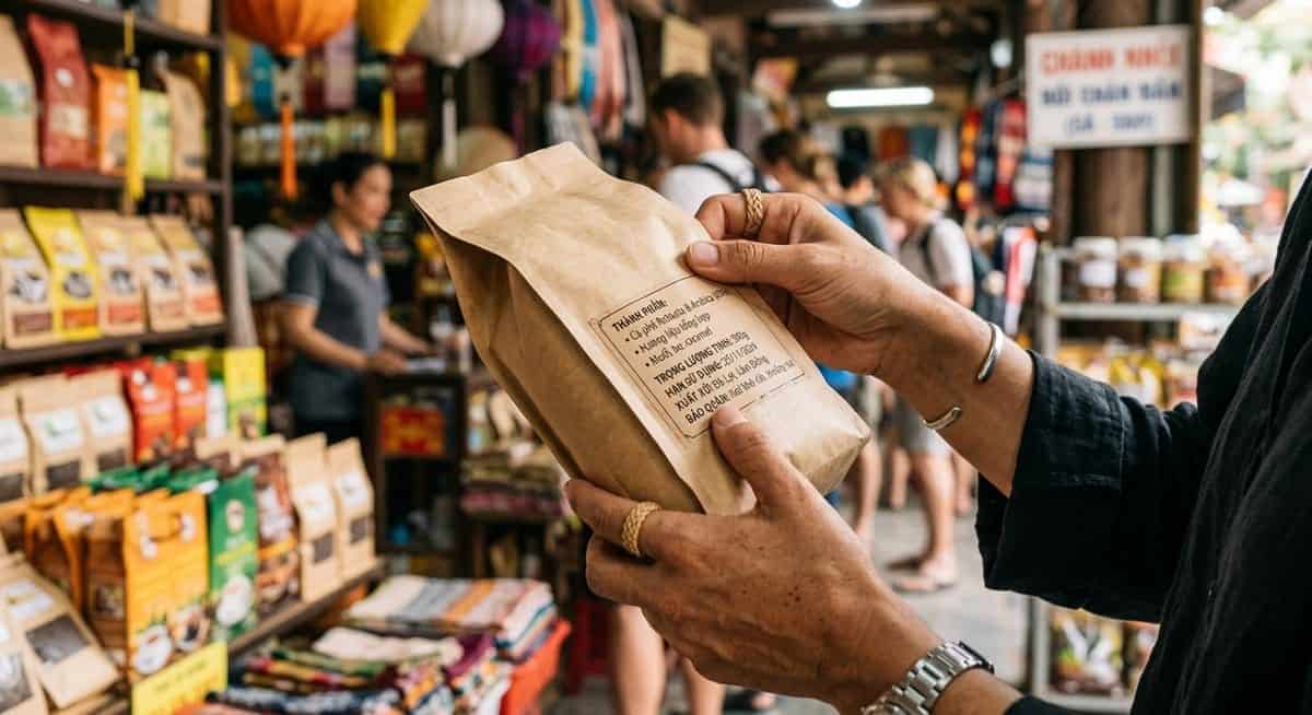 위즐 커피 봉지 뒷면 성분표를 확인하는 여행자의 손
