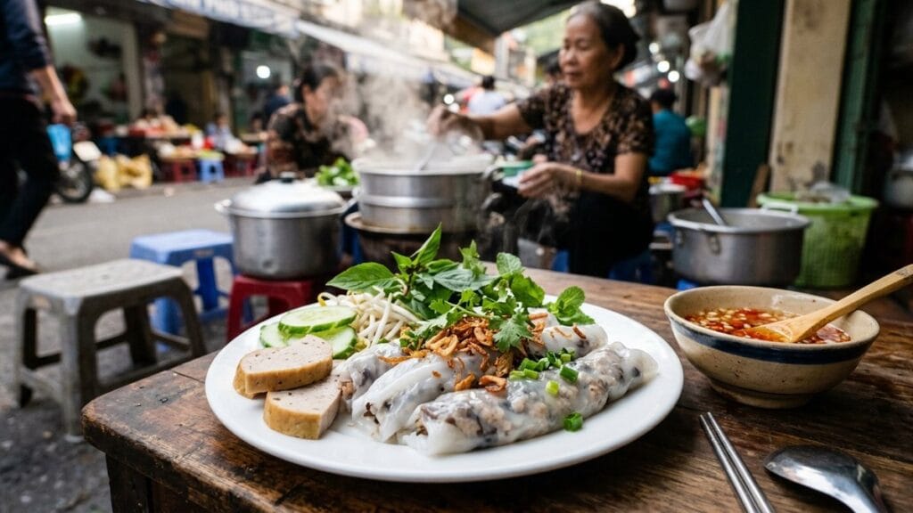 하노이 아침 노점에서 접시에 담긴 얇은 반꾸온과 짜 루아, 오이, 느억참 소스