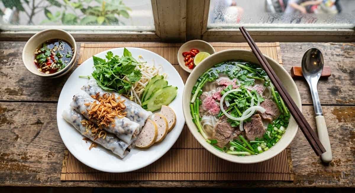 하노이 아침 식탁에 나란히 놓인 반꾸온 한 접시와 쌀국수 한 그릇