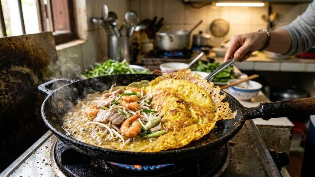 뜨거운 팬 위에서 지글거리며 부쳐지는 노란 반세오 반죽과 속재료