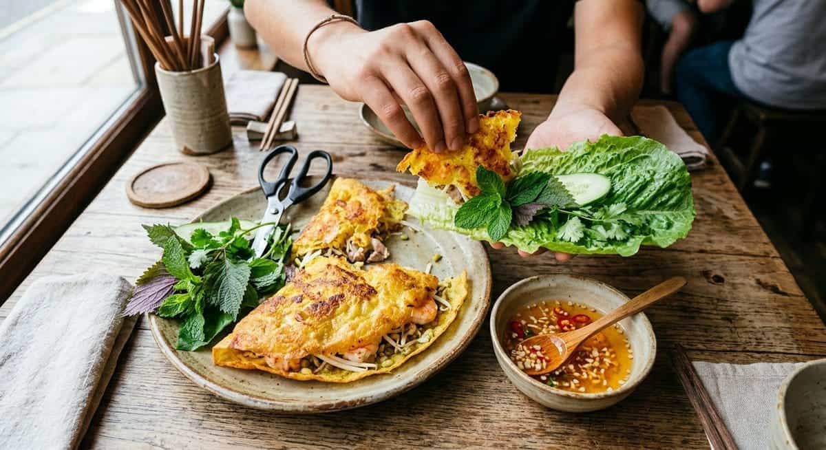 반세오 한 조각을 상추와 허브에 올려 싸는 손의 모습