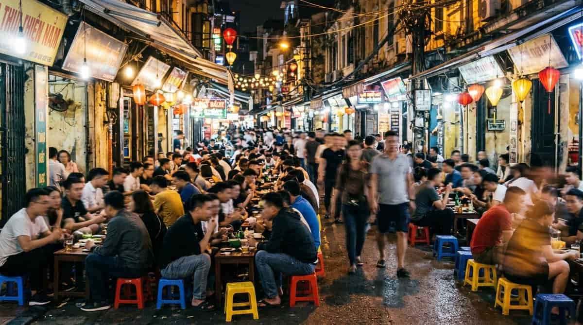주말 밤 인파로 붐비는 하노이 맥주거리