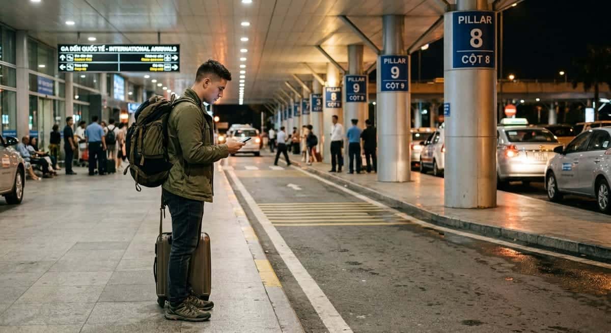 하노이 노이바이 공항 앞에서 호출한 차량을 기다리는 혼자 여행자