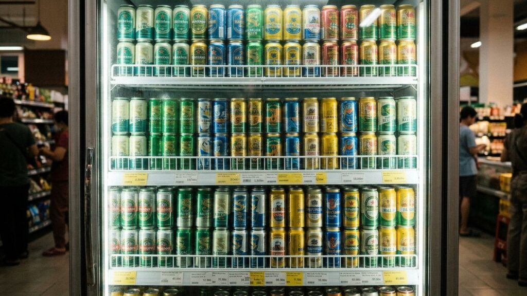 베트남 맥주 가격을 보여 주는 마트 냉장고의 캔맥주