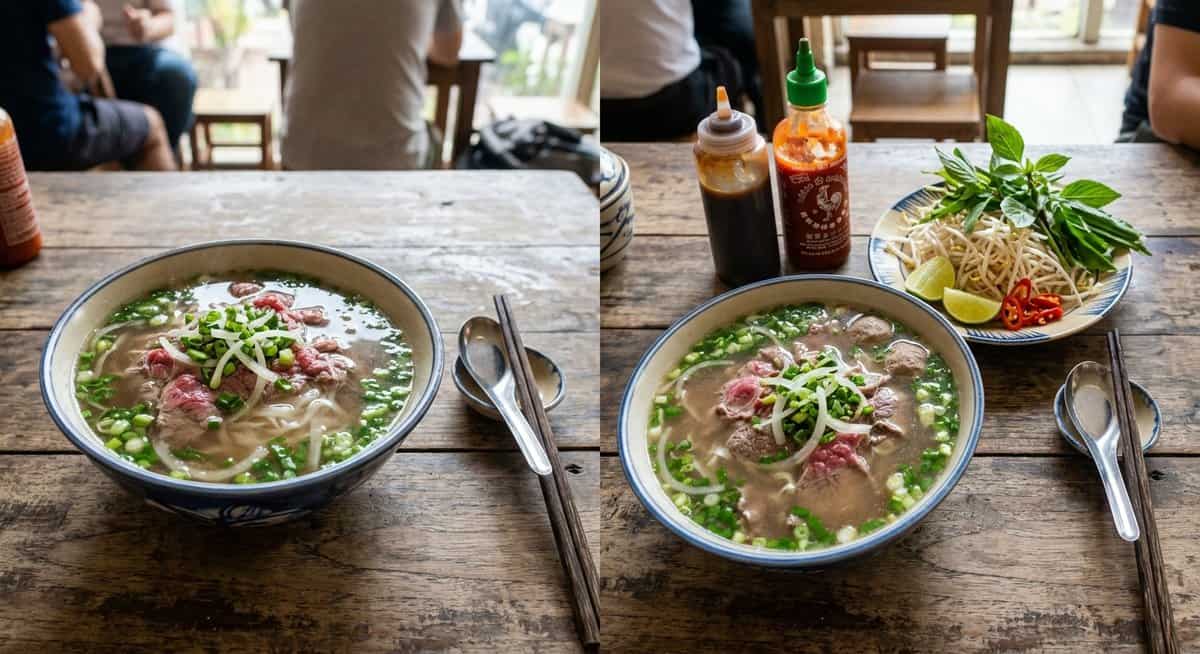 파와 양파만 얹은 북부 퍼와 숙주·바질·라임 접시가 따로 나오는 남부 퍼를 나란히 놓은 모습, 베트남 쌀국수 특징 비교