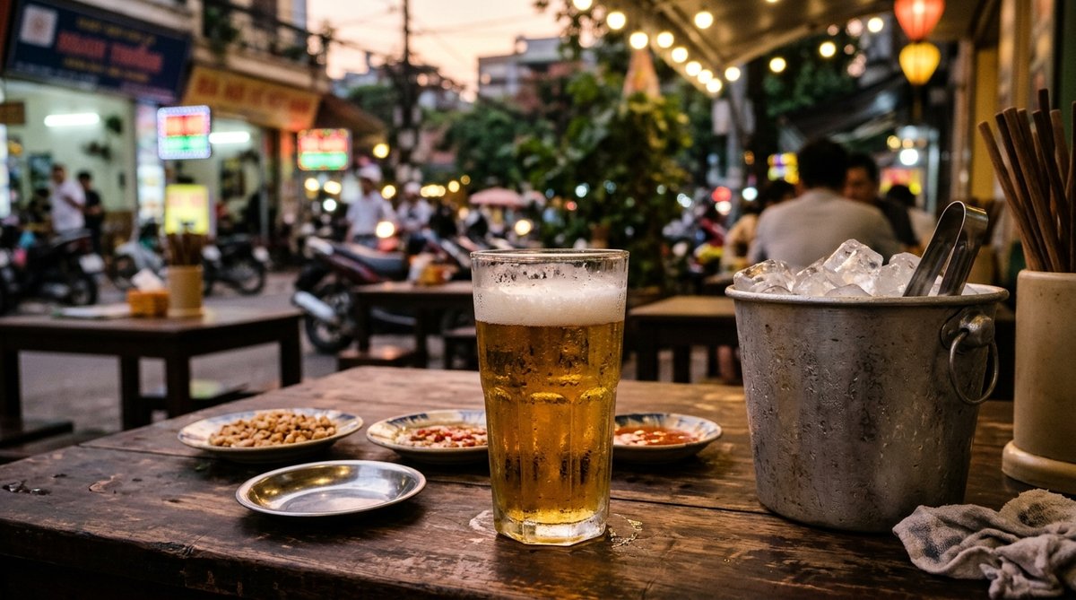 식당 테이블 위의 생맥주 한 잔