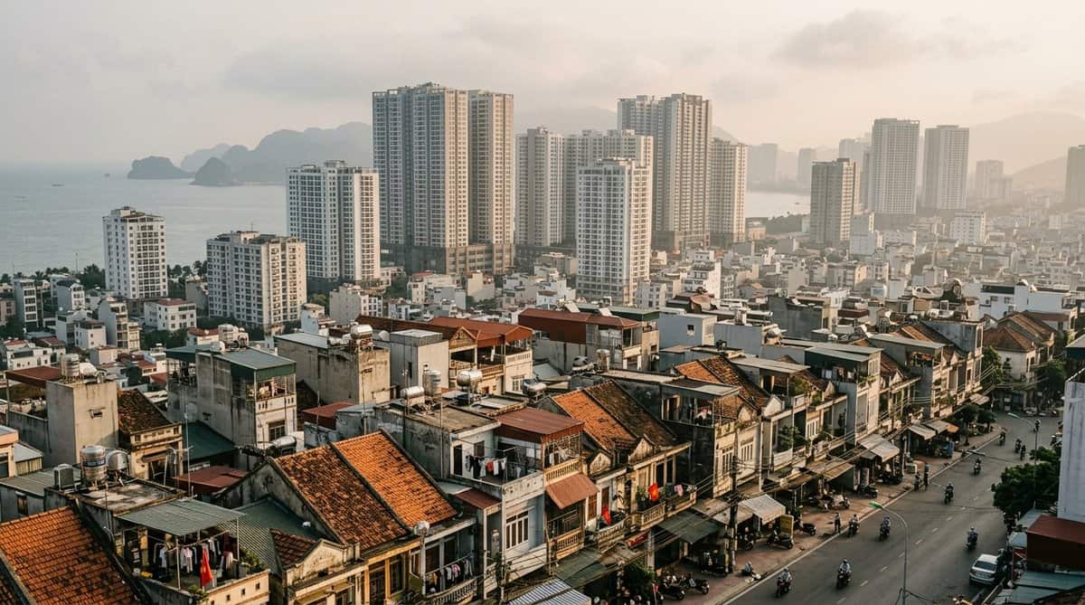 땅에 붙은 단독주택 지붕들과 그 뒤로 높이 솟은 아파트 단지가 함께 보이는 풍경
